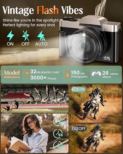 4K Digital Camera for Photography with WiFi,64MP Autofocus Vlogging Camera for YouTube,3'' 180° Flip Screen Compact Travel Camera for Teens with 32GB SD Card,16X Zoom,Anti-Shake,2 Batteries(Black) thumbnail 7