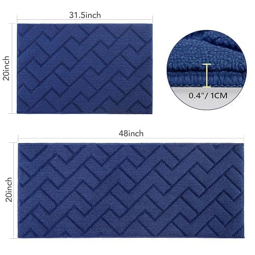 hicorfe Kitchen Rugs and Mats Sets,2 Pieces Super Absorbent Polypropylene Non-Slip Rug,Soft Comfort Floor Mat,Washable for Kitchen,Hallway,Office,Sink,Laundry(20" x 32"+20" x 48",Navy Blue) thumbnail 2