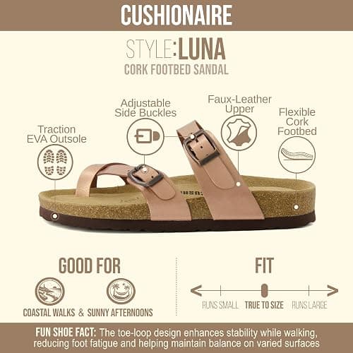 CUSHIONAIRE Luna Sandals for Women, Cork Footbed Womens Sandals for Summer Comfort with Adjustable Straps, Wide Width Available thumbnail 4