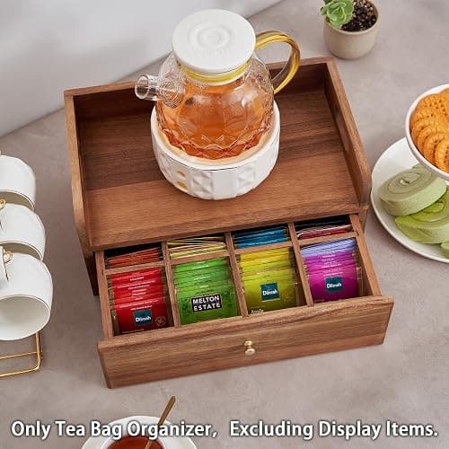 SARUFO Acacia Wood Tea Bag Organizer with Drawer - Tea Station Chest and Storage Box, Coffee and Teabag Holder with 8 Compartments, Containers and Boxes for Countertop Display thumbnail 3