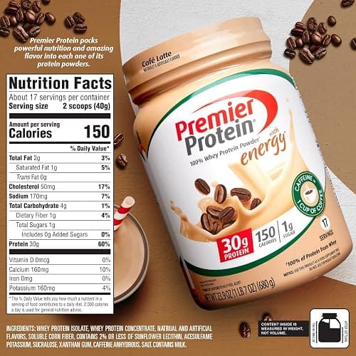 Premier Protein Powder, Café Latte, 30g Protein, 1g Sugar, 100% Whey Protein, Keto Friendly, Gluten Free, No Soy, 95mg Caffeine for Energy, 23.9 oz (17 Servings) thumbnail 2