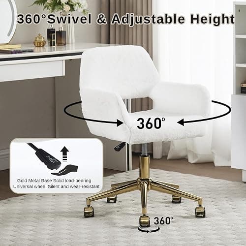 HENGJIANYI Faux Fur Swivel Desk Chair, Modern Fluffy Makeup Vanity Chair, Height Adjustable Armchair with Gold Base, Ergonomic Office Chair with Hollowed Back, White thumbnail 7