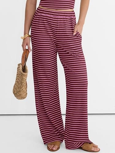 ANRABESS Women 2 Piece Sets Summer Striped Outfits Matching Tube Top Wide Leg Lounge Pants 2026 Travel Beach Vacation Clothes thumbnail 3