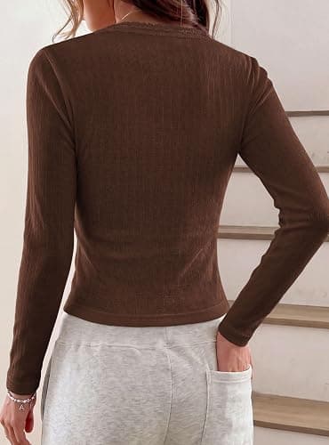 PRETTYGARDEN Womens Long Sleeve Henley Shirts Going Out Tops | Lace Trim Square Neck, Slim Fitted Basic Tees, Soft Comfy Jacquard Fabric, Casual Wear, Fall Outfits, Y2K Fashion Clothing thumbnail 4