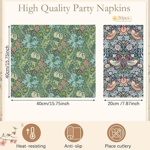 Mindsoft 20 Pcs William Morris Napkins Vintage Flowers Dinner Cloth Napkins 15.7" x 15.7" Linen Watercolor Washable Floral Soft Absorbent Square Table Top Decor for Kitchen, Wedding, Gifts Bulk thumbnail 2
