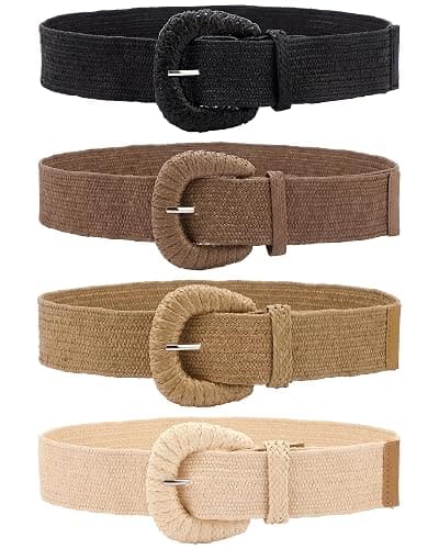 WILLBOND 4 Pcs Women Stretch Wide Straw Belt | Boho Raffia Woven with Rattan Buckle, Elastic Stretchy Waist Belt for Dresses Jeans Pants, Summer Beach Casual Outfits - Image 1