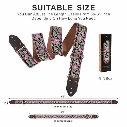 Nefelibata Guitar Strap,Jacquard Embroidery Cotton Guitar Straps with Crazy Horse Leather Ends for Bass, Electric & Acoustic, Best Gifts for Guitarists(Elegant Pink Flower Embroidery) thumbnail 5