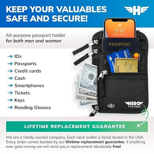 HERO Neck Wallet – RFID Blocking Passport Holder – Easy to Conceal Travel Pouch - Black thumbnail 2