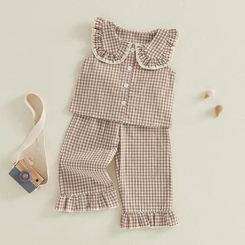 Toddler Baby Girl Clothes Summer Outfit Plaid Gingham Short Sleeve Shirt Sleeveless Tank Tops Pants Set thumbnail 6