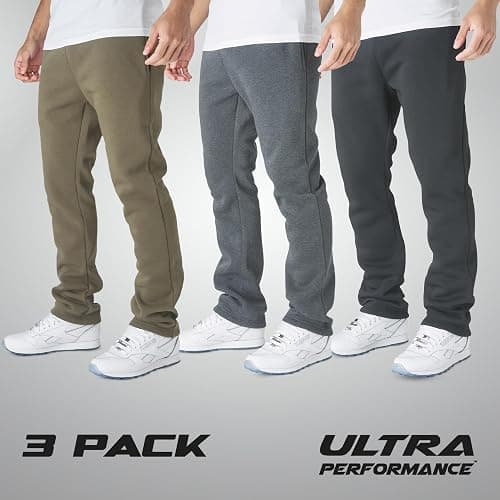 Ultra Performance 3 Pack Mens Fleece Wide Leg Sweatpants with Pockets, Open Bottom Workout Sweatpants for Men thumbnail 2