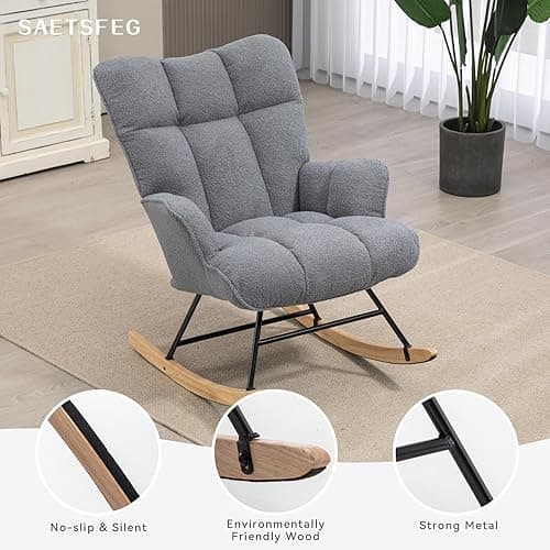 SAETSFEG Rocking Chair Nursery Teddy, Upholstered Baby Fluffy Glider Rocker for Adults Small Spaces Indoor, Comfy Sherpa Compact Nursing Chairs for Living Room, Bedroom, Classroom, Darkgrey - Darkgrey thumbnail 4