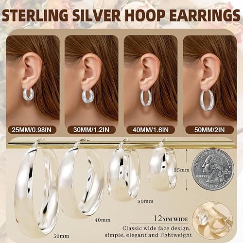 Senteria 12mm Wide Thick Hoop Earrings 925 Sterling Silver Hoop Earrings for Women Hypoallergenic 14K Real Gold Plated Hoops Large Earring Lightweight Chunky Hoops Earring for Women 25/30/40/50MM thumbnail 4