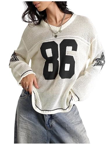 Verdusa Women's Y2k Clothes Going Out Tops Oversized Crochet Jersey Shirts Graphic V Neck Pullover Sweater - Image 1