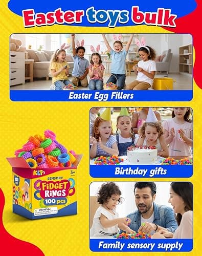 KLT Fidget Toys Bulk for Kids: 100pcs Textured Fidget Ring - Classroom Treasure Box Prize Quiet - Sensory Toys for Autism Stress Relief - Easter Basket Stuffers Bulk Kids Party Favors thumbnail 6
