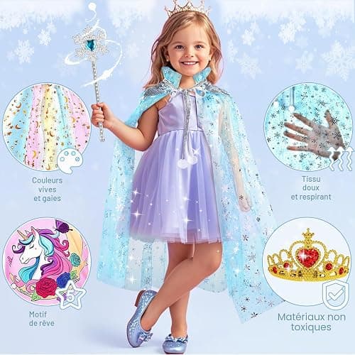 Dreamon Robe Princesse Fille, 5 Thèmes Deguisement Princesse Fille 3 4 5 Ans avec Cape Sceptre Couronne Costume Cadeaux d'anniversaire Carnaval pour Enfants thumbnail 6