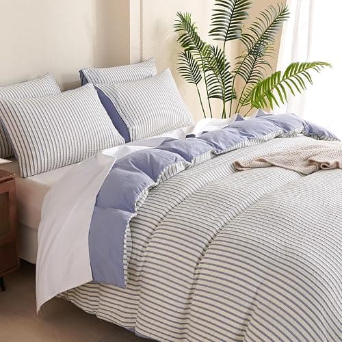 TISPLR Striped Comforter Queen Blue Soft Luxury Washed Microfiber Jacquard 3 Pieces Bedding, White Blue Vertical Ticking Stripes Pattern Comforter with 2 Pillowcases Breathable Durable Comfy thumbnail 5