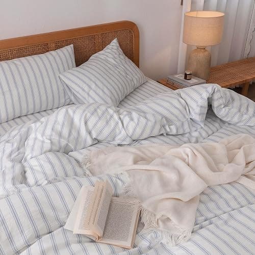BESTOUCH Duvet Cover Set 100% Washed Cotton Linen Feel Super Soft Comfortable Chic Lightweight 3 PCs Home Bedding Set White & Cornflower Blue Stripes Queen thumbnail 2
