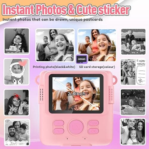 ESOXOFFORE Instant Print Camera for Kids, Christmas Birthday Gifts Girls Boys Age 3-12, HD Digital Video Cameras Toddler, Portable Toy 3 4 5 6 7 8 9 10 Year Old Girl with 32GB SD Card-Pink thumbnail 3