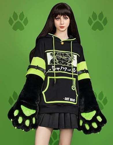 Micotaku Women's Miraculous Cat Noir Pullover Hoodie Detachable Furry Cat Paw Gloves Handbag Hooded Sweatshirt thumbnail 2
