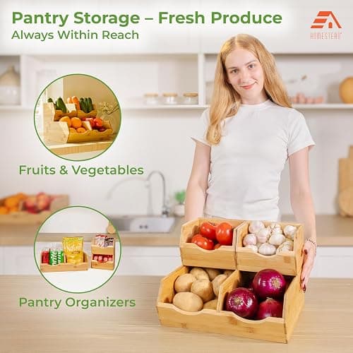 HOMESTEAD Bamboo Pantry Storage Bins – Potato & Onion Storage Bin for Pantry Organizers, Produce Organizer Set of 3 – Slide out Bin Access thumbnail 4