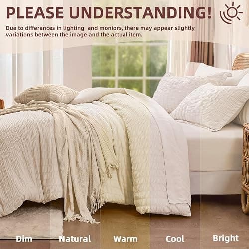 FUANNA Twin Comforter Set 5 Pieces, Luxury Seersucker Twin Bed Set for All Seasons, Soft Twin Bed in a Bag with Comforter, Flat Sheet, Fitted Sheet, Pillowcase & Sham for Bedroom, Beige thumbnail 6