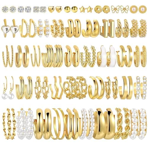 45 Pairs Gold hoop Earring Set for Women, Fashion Stud Pearl Earrings Multipack, Hypoallergenic Twisted Heart Earring Pack, Gold Hoops Earrings for Party Jewelry with Gift Bag - Image 1