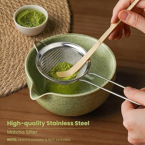 Matcha Whisk Set, Handcrafted Bamboo Chasen & Ceramic Bowl Matcha Kit, Complete 5 Pcs Matcha Set Whisk and Bowl W/Stainless Steel Sifter, Bamboo Scoop & Holder for Matcha Tea Ceremony (Mottled Green) thumbnail 2