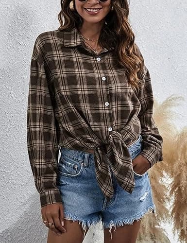 HangNiFang Womens Flannel Plaid Shirts Oversized Button Down Shirts Blouse Tops - Medium - Coffee thumbnail 4