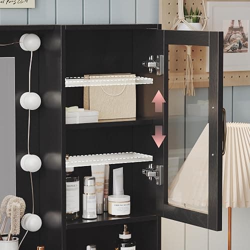 Makeup Vanity with Lights & Charging Station, Black Vanity Table with 5 Drawers & Open Storage Shelves, Vanity Desk with Mirror & Lights, Dressing Table Set, Bedroom Makeup Table Set Black Handle thumbnail 8