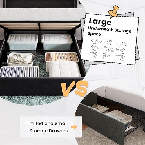 SHA CERLIN Queen Size Lift Up Storage Bed/Velvet Upholstered/Modern Wingback Headboard/Upholstered Platform Bed Frame/Hydraulic Storage/No Box Spring Needed/Black thumbnail 4