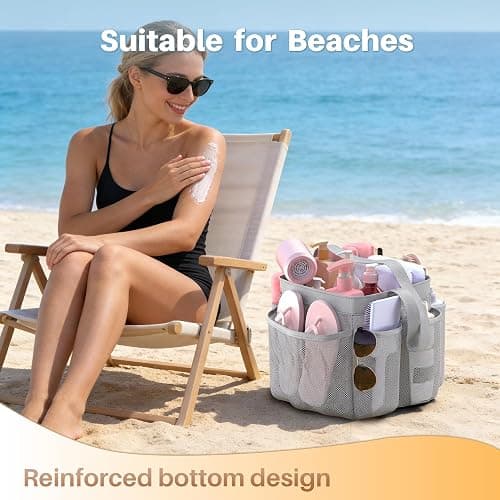 YASONIC Mesh Shower Caddy Portable for Dorm College Room Essentials, 8-Pocket Large Shower Bag with Single Handles, Hanging Shower Basket for Beach, Swimming, Bathroom, Beach, Grey thumbnail 7
