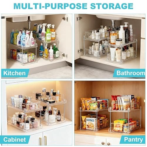 FAMOVELL 2 Tier Under Sink Organizer Bathroom Organizers and Storage, Clear Stackable Bathroom Cabinet Organizer, Multipurpose Pull-Out Home Organizer for Kitchen and Pantry Storage 2 Pack thumbnail 8