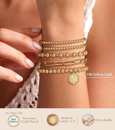 adoyi Gold Bracelets for Women Waterproof, 14K Gold Plated Beaded Strand Bead Ball Bracelets stack Adjustable Jewelry Set for Gifts thumbnail 5