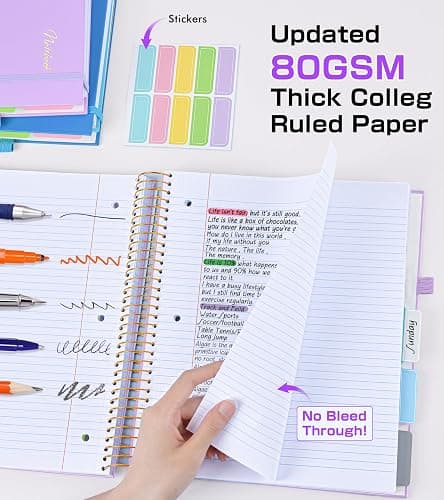 5 Subject Notebook College Ruled,80GSM Paper Thick Hardcover Spiral Notebook Lined Journal with Removable Dividers Tabs,400pages 8.5"x11" Paper Large Notebooks for School Work,3-Hole Punched, Purple thumbnail 2