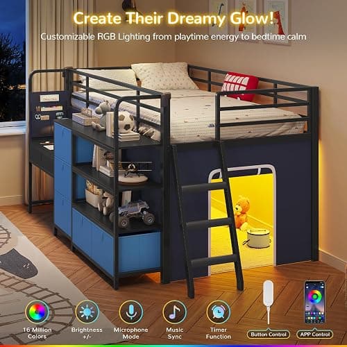 Twin Low Loft Bed for Kids with Built-in Desk, 6 Storage Drawers, Open Bookshelf, Under-Bed Play Tent with LED Lights, Metal Twin Size Loft Beds with Safety Guardrail & Inclined Ladder, Blue and Black thumbnail 5