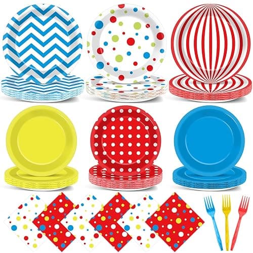 Justforjoyful 96Pcs Carnival Party Supplies Circus Theme Plates Napkins Tableware Set Red Blue Carnival Party Decorations Dinnerware for Kids Birthday Baby Shower Circus Favors Serves 24 Guests - Image 1