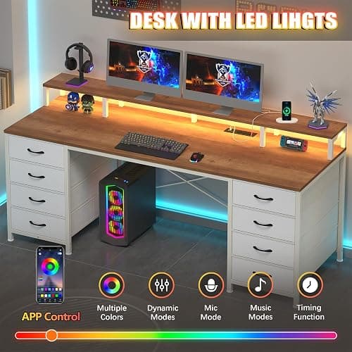 60" Computer Desk with 8 Drawers & Monitor Stand for Home Office, Bedroom | Gaming Desk with LED Lights & Power Outlets, Home Office Desk with 8 Fabric Drawers, Brown & White thumbnail 5