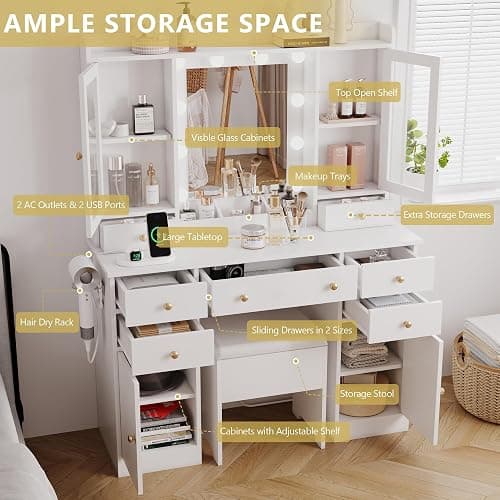 Makeup Vanity Desk with Mirror and Lights, White Vanity Table Set with Storage Drawers, Charging Station, Cabinets & Chair, Large Dressing Table with RGB Ambient Light for Women Girls Bedroom Bathroom thumbnail 5