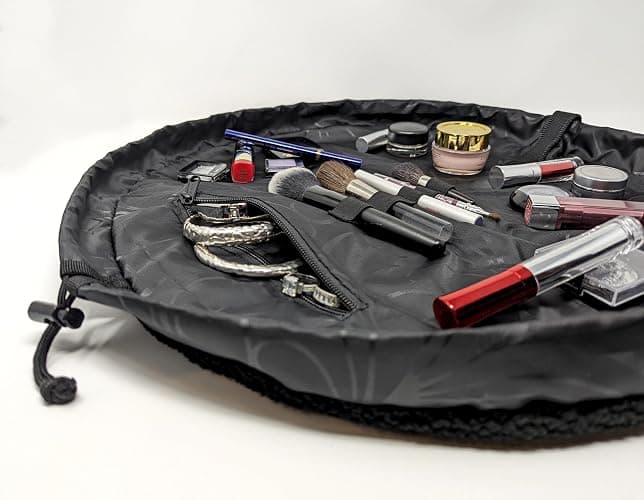 Lay-n-Go Cosmo Drawstring Cosmetic & Makeup Bag Organizer - Portable Drawstring Makeup Bag w/Zipper Pocket, Makeup Loops & More - Durable, Machine Washable Toiletry Bag (20", Comfort/Black Sherpa) thumbnail 3