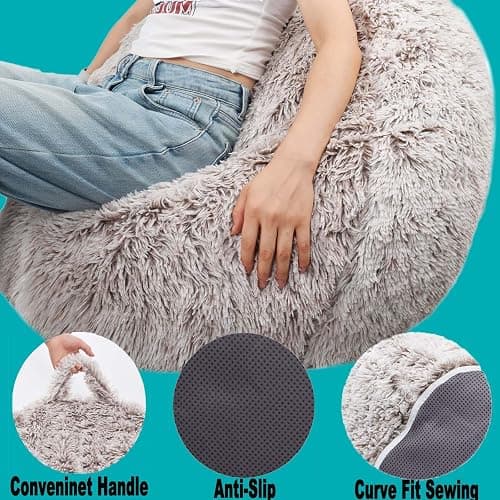 Fluffy Stuffed Animal Storage Bean Bag Chair Cover (No Filler), Faux Fur Comfy Bean Bag Cover for Organizing Plush Toys or Textile, for Adults Teens Kids Girls, Beige thumbnail 6