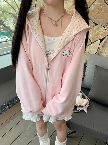 Dynict Womens Y2K Zip Up Cute Graphic Hoodies Cat Ears Casual Cartoon Harajuku Kawaii Clothes Oversize Streetwear Jacket thumbnail 3