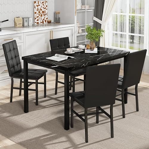 Hooseng Kitchen Table Set 5 Piece Dining Room Table Set Marble Dining Table 4 Chair Dining Table Set for Kitchen Living Room Breakfast Small Spaces (Black) thumbnail 6