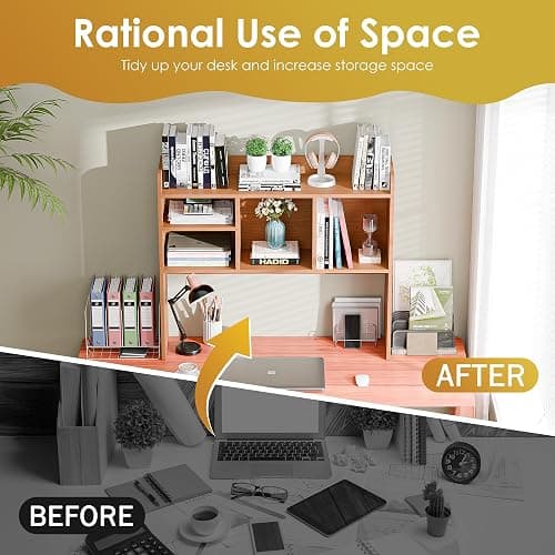 Nova Microdermabrasion Wooden Desktop Bookshelf with 6 Shelves–3-Tier Desk Organizer Hutch for Computer Desk, Home or Office (Natural) thumbnail 5
