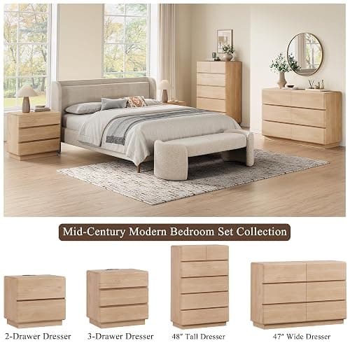 YANSNWO Natural 6 Drawer Dresser for Bedroom, 48" Tall Chest of Drawers | Curved Profile Design, Thickened Base, Handless design, Unique panel design, Bedroom, living room, and hallway storage thumbnail 3