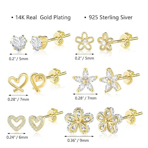 ALEXCRAFT Small Gold Stud Earrings - 6 Pairs Cute Heart Studs for Women - Cubic Zirconia - Hypoallergenic - Pack thumbnail 4