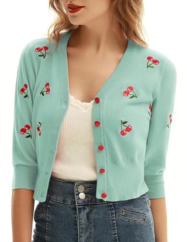 Belle Poque Women's 3/4 Sleeve V-Neck Button Down Cherries Embroidery Cropped Cardigan Sweater Coat thumbnail 2