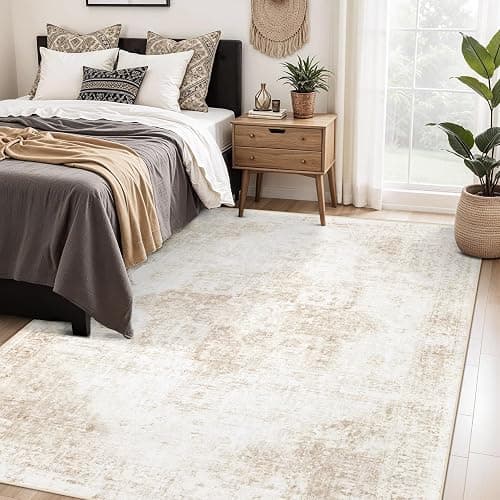 VECARF Area Rug 5x7 Washable Rug, Vintage Boho Medallion Rugs Non-Slip Soft Low Pile Large Distressed Rug Indoor Retro Carpet for Living Room Bedroom Dining Room Home Office (Beige, 5'x7') thumbnail 2