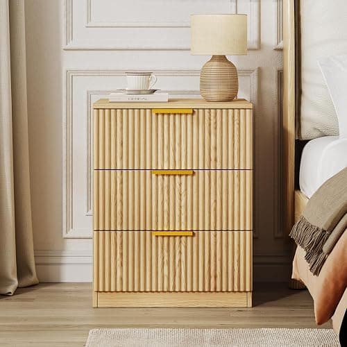 Fluted Night Stand Set of 2, Modern Nightstand with 3 Drawers and Metal Handle, 13.4" D x 15.7" W x 20.1" H, Wooden Bedside Table End Table for Bedroom, Natural thumbnail 6