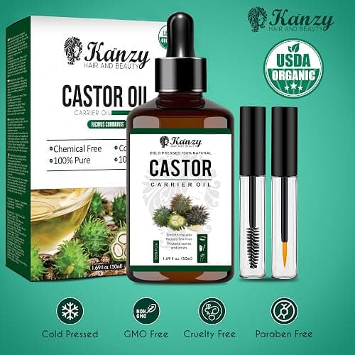 Kanzy Organic Castor Oil for Eyelashes and Eyebrows 50ml Cold Pressed for Hair Growth 100% Natural and Pure with Brushes for Hair, Beard, Nails, and Skin thumbnail 8