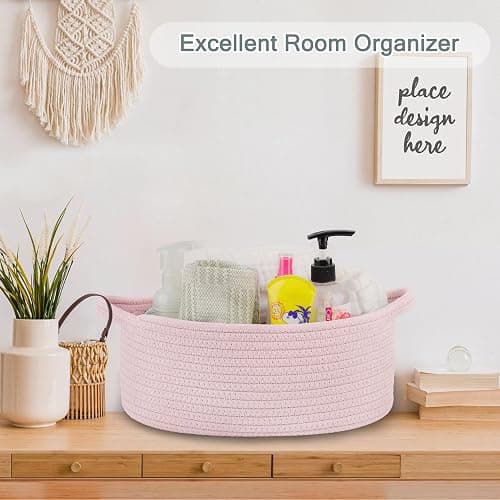 COMSE Small Woven Basket with Gift Bags and Ribbons, Gift Basket Empty, Cotton Rope Storage Organizer, Baby Toy Box with Handles, 12" x 8" x 5", Light pink thumbnail 5